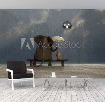 Picture of elephant and dog sit under the rain